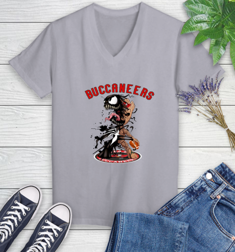 NFL Tampa Bay Buccaneers Football Venom Groot Guardians Of The Galaxy Women's V-Neck T-Shirt 4