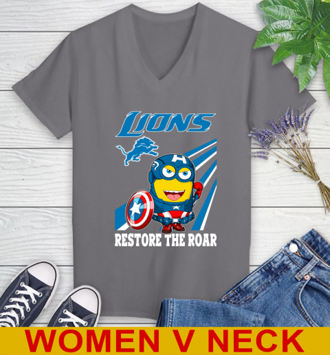 NFL Football Detroit Lions Captain America Marvel Avengers Minion Shirt Women's V-Neck T-Shirt 11