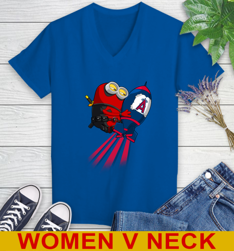 MLB Baseball Los Angeles Angels Deadpool Minion Marvel Shirt Women's V-Neck T-Shirt 9