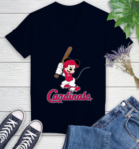 MLB Baseball St.Louis Cardinals Cheerful Mickey Mouse Shirt Women's V-Neck T-Shirt 3