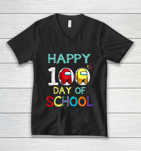 Happy 100 Days Of School A mong With Us For Kids Game Lover V-Neck T-Shirt