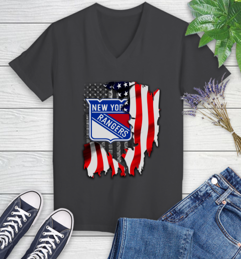 New York Rangers NHL Hockey American Flag Women's V-Neck T-Shirt 8
