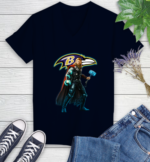 NFL Thor Avengers Endgame Football Baltimore Ravens Women's V-Neck T-Shirt 3