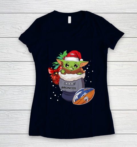 Denver Broncos Christmas Baby Yoda Star Wars Funny Happy NFL Women's V-Neck T-Shirt 3