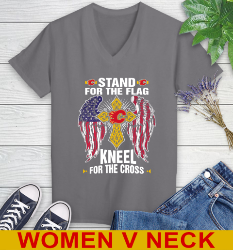 NHL Hockey Calgary Flames Stand For Flag Kneel For The Cross Shirt Women's V-Neck T-Shirt 11