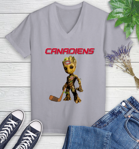 Montreal Canadiens NHL Hockey Groot Marvel Guardians Of The Galaxy Women's V-Neck T-Shirt 4