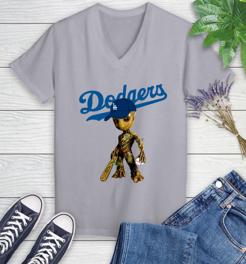 MLB Los Angeles Dodgers Groot Guardians Of The Galaxy Baseball Women's V-Neck T-Shirt 4