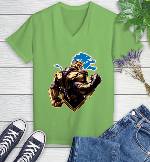 NFL Thanos Avengers Endgame Football Sports Detroit Lions Women's V-Neck T-Shirt 11