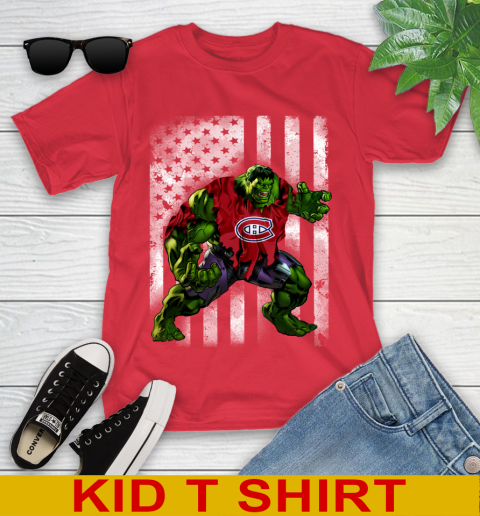 Montreal Canadiens Hulk Marvel Avengers NHL Hockey American Flag Youth T-Shirt 11