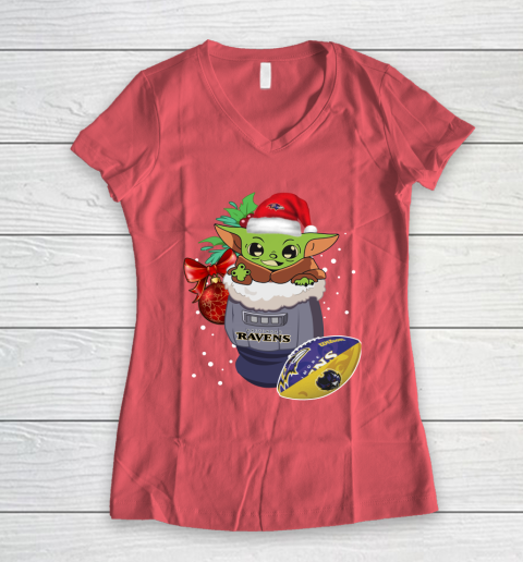 Baltimore Ravens Christmas Baby Yoda Star Wars Funny Happy NFL Women's V-Neck T-Shirt 6
