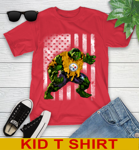Pittsburgh Steelers Hulk Marvel Avengers NFL Football American Flag Youth T-Shirt 11