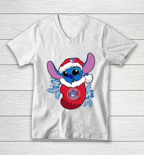 New York Rangers Christmas Stitch In The Sock Funny Disney NHL V-Neck T-Shirt 2