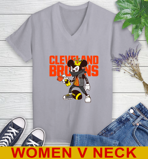 Cleveland Browns NFL Football Mickey Peace Sign Sports Women's V-Neck T-Shirt 5
