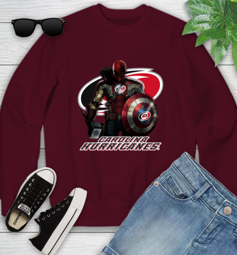 NHL Captain America Thor Spider Man Hawkeye Avengers Endgame Hockey Carolina Hurricanes Youth Sweatshirt 5