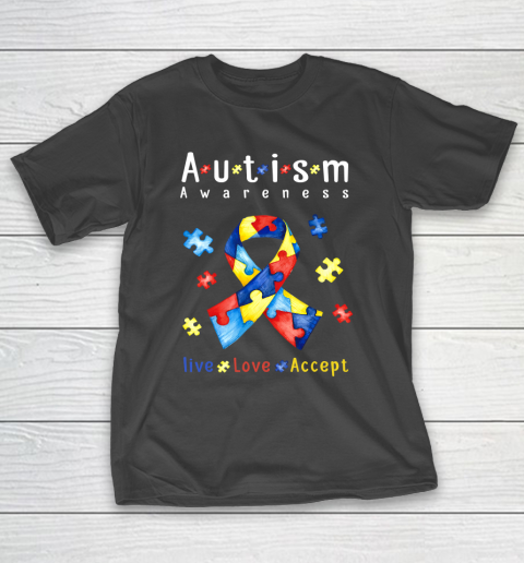 Live Love Accept Autism Awareness Month Ribbon Puzzle T-Shirt