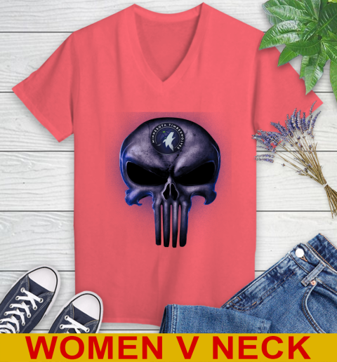 Minnesota Timberwolves NBA Basketball Punisher Skull Sports Women's V-Neck T-Shirt 6