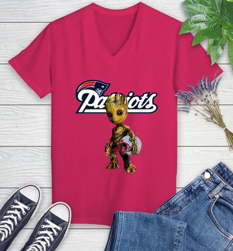 New England Patriots NFL Football Groot Marvel Guardians Of The Galaxy Women's V-Neck T-Shirt 9