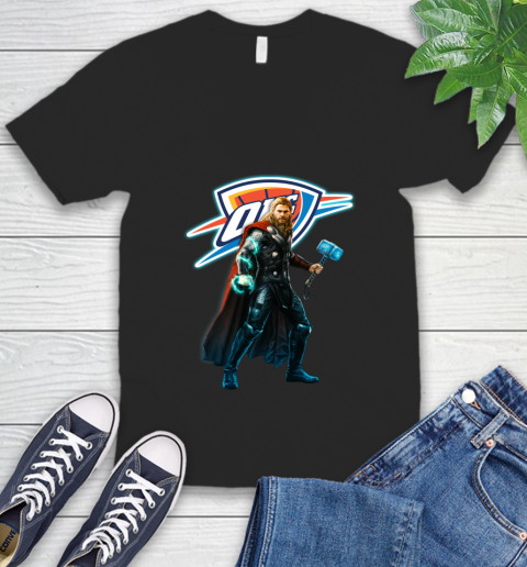 NBA Thor Avengers Endgame Basketball Oklahoma City Thunder V-Neck T-Shirt 2