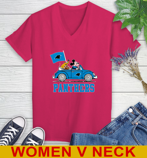 NFL Football Carolina Panthers Pluto Mickey Driving Disney Shirt Women's V-Neck T-Shirt 10