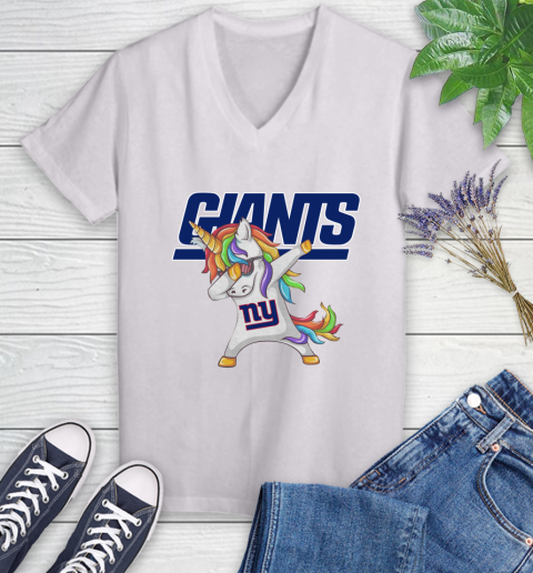 New York Giants NFL Football Funny Unicorn Dabbing Sports Women's V-Neck T-Shirt