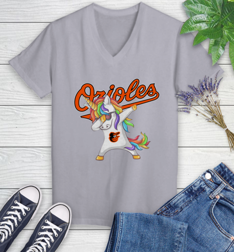 Baltimore Orioles MLB Baseball Funny Unicorn Dabbing Sports Women's V-Neck T-Shirt 4
