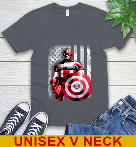 Philadelphia Phillies MLB Baseball Captain America Marvel Avengers American Flag Shirt V-Neck T-Shirt 4