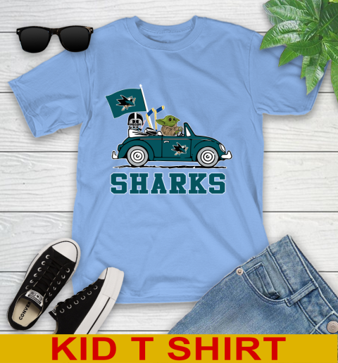 NHL Hockey San Jose Sharks Darth Vader Baby Yoda Driving Star Wars Shirt Youth T-Shirt 11