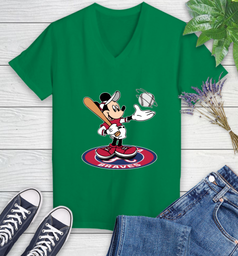 MLB Baseball Atlanta Braves Cheerful Mickey Disney Shirt Women's V-Neck T-Shirt 5