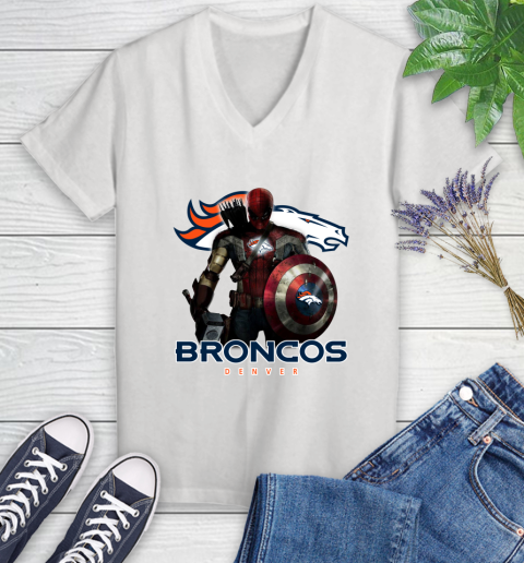 NFL Captain America Thor Spider Man Hawkeye Avengers Endgame Football Denver Broncos Women's V-Neck T-Shirt