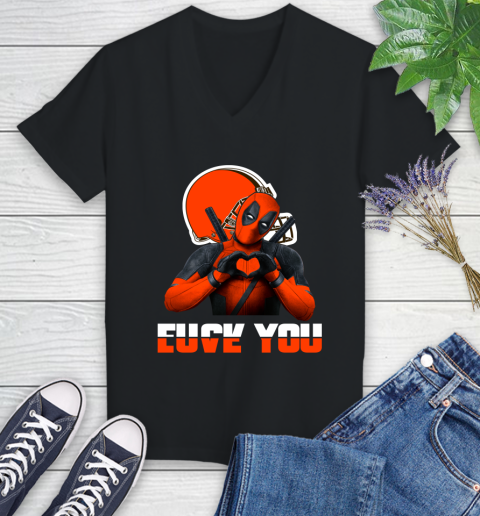 NHL Cleveland Browns Deadpool Love You Fuck You Football Sports Women's V-Neck T-Shirt