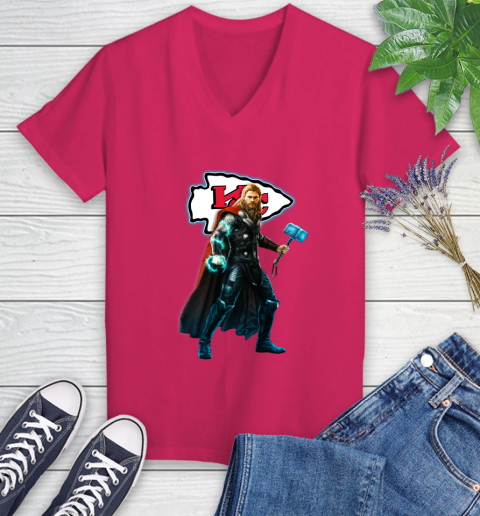 NFL Thor Avengers Endgame Football Kansas City Chiefs Women's V-Neck T-Shirt 9