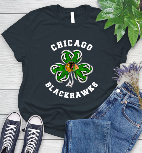 NHL Chicago Blackhawks Three Leaf Clover St Patrick's Day Hockey Sports Women's T-Shirt 8
