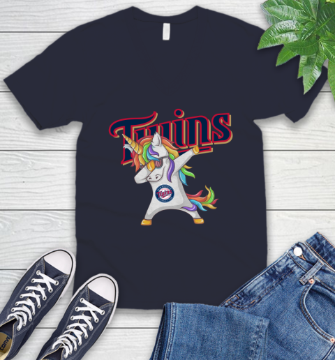 Minnesota Twins MLB Baseball Funny Unicorn Dabbing Sports V-Neck T-Shirt 3