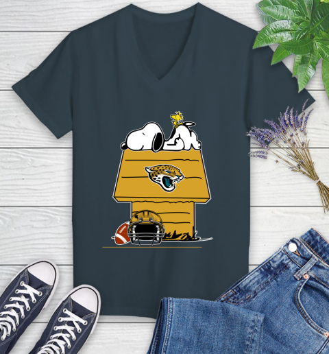 Jacksonville Jaguars NFL Football Snoopy Woodstock The Peanuts Movie Women's V-Neck T-Shirt 8