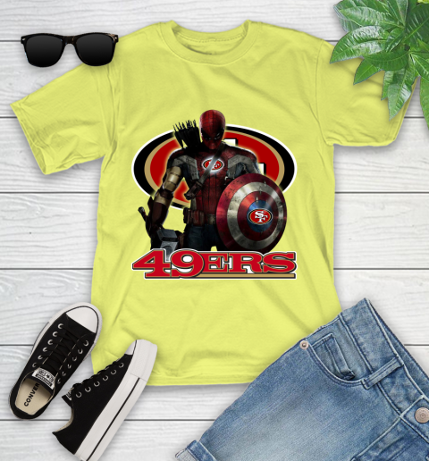 NFL Captain America Thor Spider Man Hawkeye Avengers Endgame Football San Francisco 49ers Youth T-Shirt 8