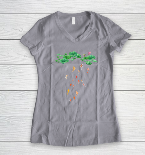 Watercolor Japanese Koi Fish Goldfish Lily Pad Lotus Leaf Beauty Women's V-Neck T-Shirt 2