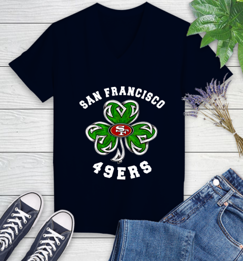 NFL San Francisco 49ers Three Leaf Clover St Patrick's Day Football Sports Women's V-Neck T-Shirt 2