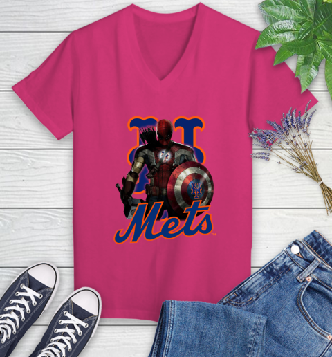 MLB Captain America Thor Spider Man Hawkeye Avengers Endgame Baseball New York Mets Women's V-Neck T-Shirt 9