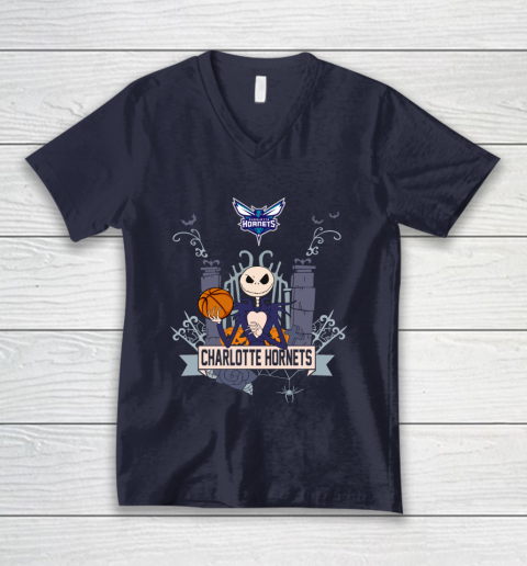 NBA Charlotte Hornets Basketball Jack Skellington Halloween V-Neck T-Shirt 2