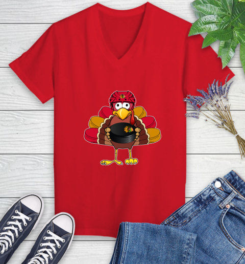 Chicago Blackhawks Turkey Thanksgiving Day Women's V-Neck T-Shirt 12