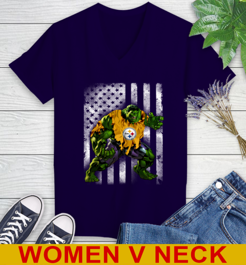 Pittsburgh Steelers Hulk Marvel Avengers NFL Football American Flag Women's V-Neck T-Shirt - Image 4