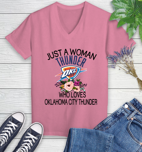 NBA Just A Woman Who Loves Oklahoma City Thunder Basketball Sports Women s V Neck T Shirt Tee For Sports