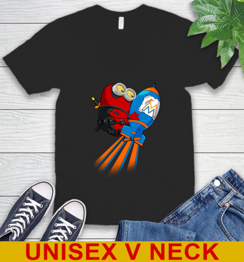 MLB Baseball Miami Marlins Deadpool Minion Marvel Shirt V-Neck T-Shirt