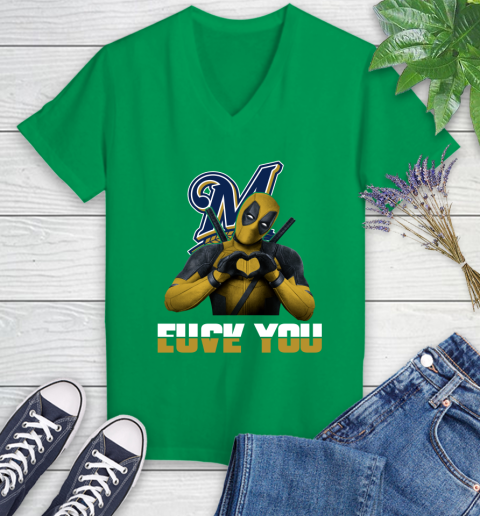 MLB Milwaukee Brewers Deadpool Love You Fuck You Baseball Sports Women's V-Neck T-Shirt 5