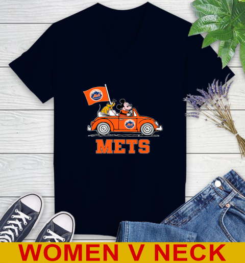 MLB Baseball New York Mets Pluto Mickey Driving Disney Shirt Women's V-Neck T-Shirt 3