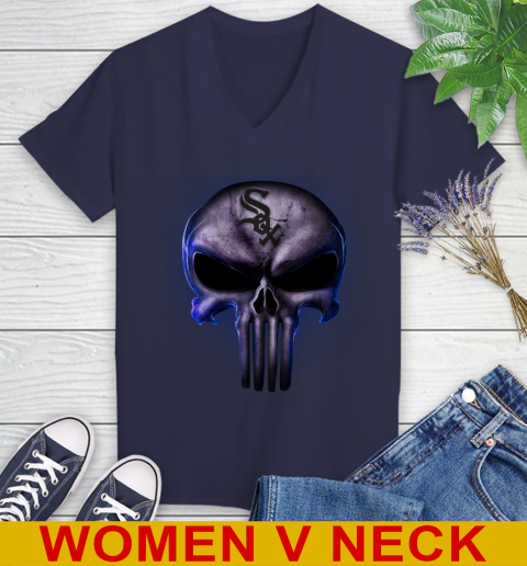 Chicago White Sox MLB Baseball Punisher Skull Sports Women's V-Neck T-Shirt 12