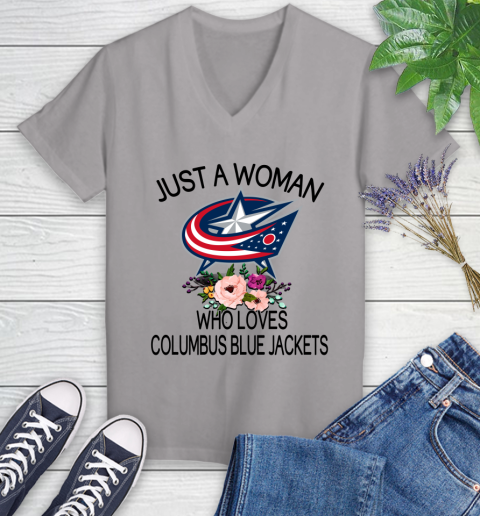 NHL Just A Woman Who Loves Columbus Blue Jackets Hockey Sports Women's V-Neck T-Shirt 2