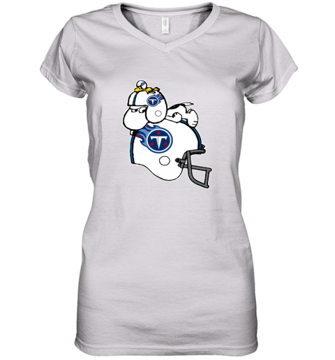 Snoopy And Woodstock Resting On Tennessee Titans Helmet 4itz snoopy and woodstock resting on tennessee titans helmet women v neck t shirt 39 front white