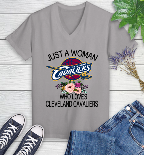 NBA Just A Woman Who Loves Cleveland Cavaliers Basketball Sports Women's V-Neck T-Shirt 2