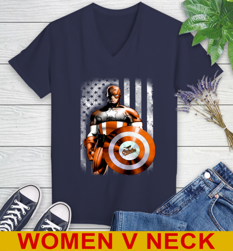 Baltimore Orioles MLB Baseball Captain America Marvel Avengers American Flag Shirt Women's V-Neck T-Shirt 12
